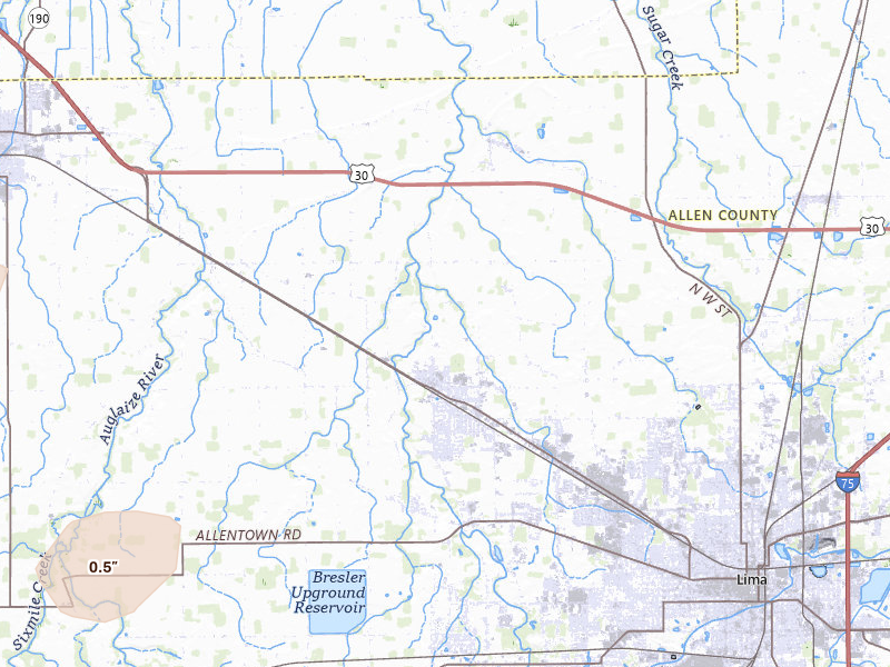 Radar-estimated hail-size map of the storm over Lima, OH on Jul 3, 2026