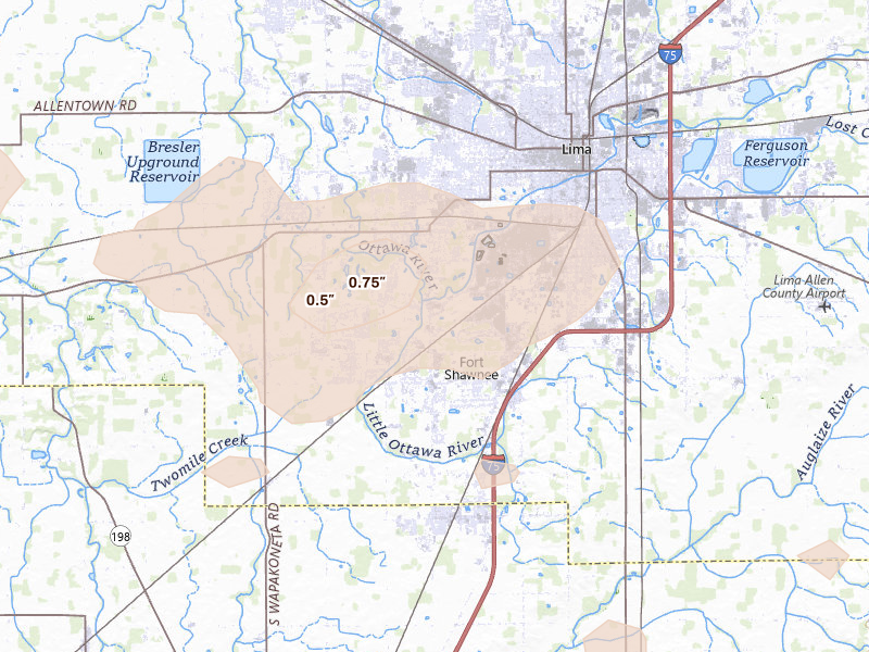 Radar-estimated hail-size map of the storm over Lima, OH on Aug 10, 2026