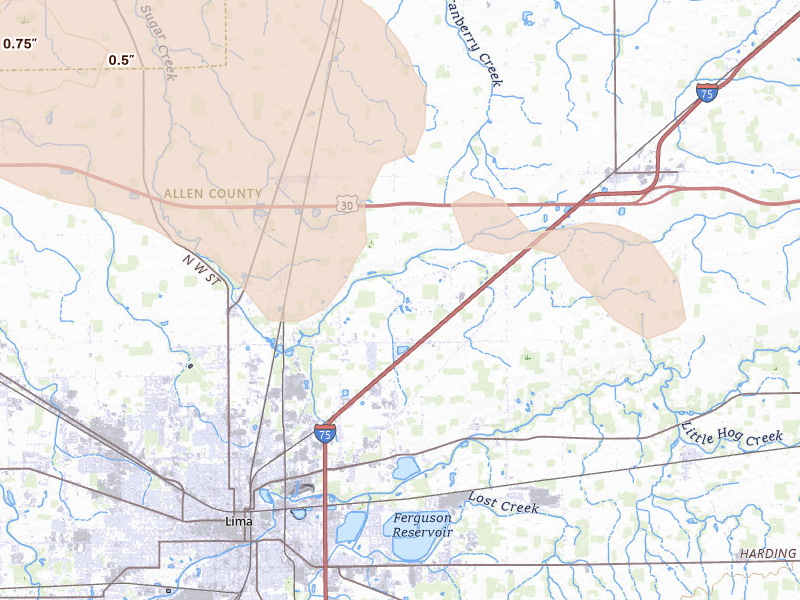 Radar-estimated hail-size map of the storm over Lima, OH on Aug 11, 2026
