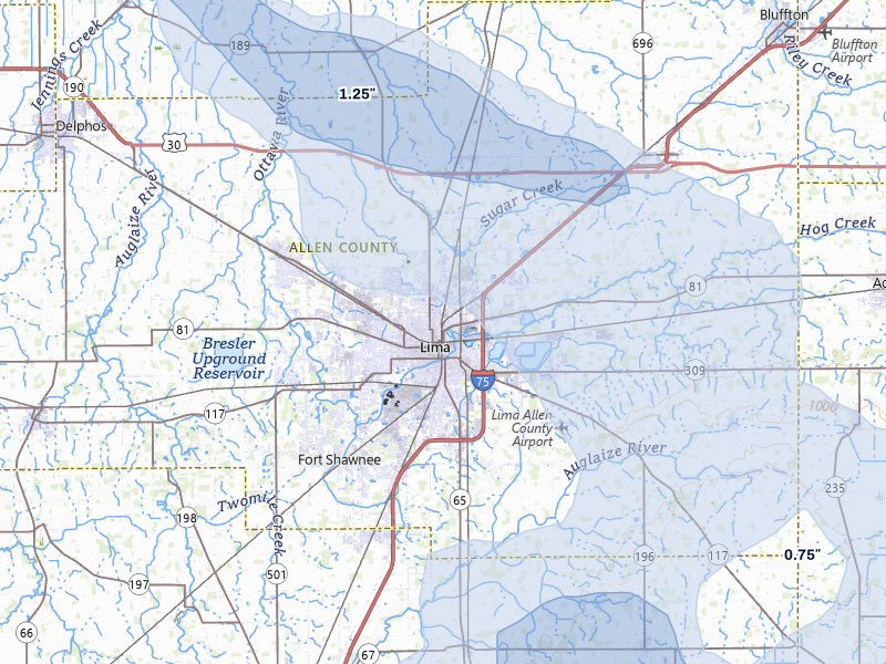 NEXRAD radar-signature map of the hail storm over Lima, OH on Aug 11, 2026
