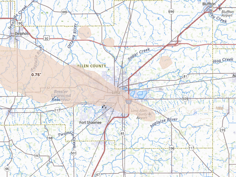 Radar-estimated hail-size map of the storm over Lima, OH on Aug 12, 2026