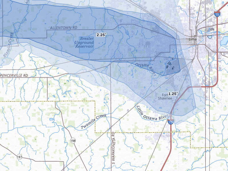 NEXRAD radar-signature map of the hail storm over Lima, OH on Aug 12, 2026