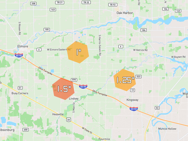 Hail map of Lindsey, OH on Jul 21, 2026, hail up to 1.5"