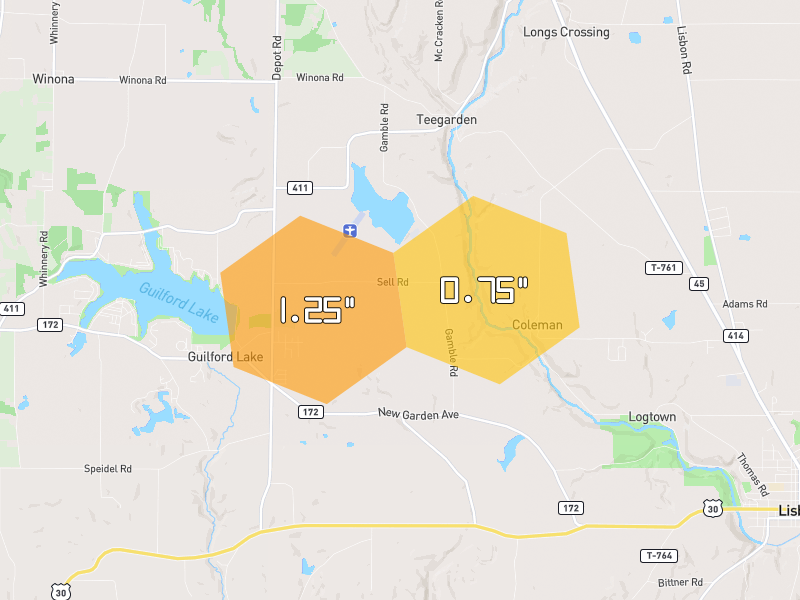 Hail map of Lisbon, OH on Jul 4, 2026, hail up to 1.25"