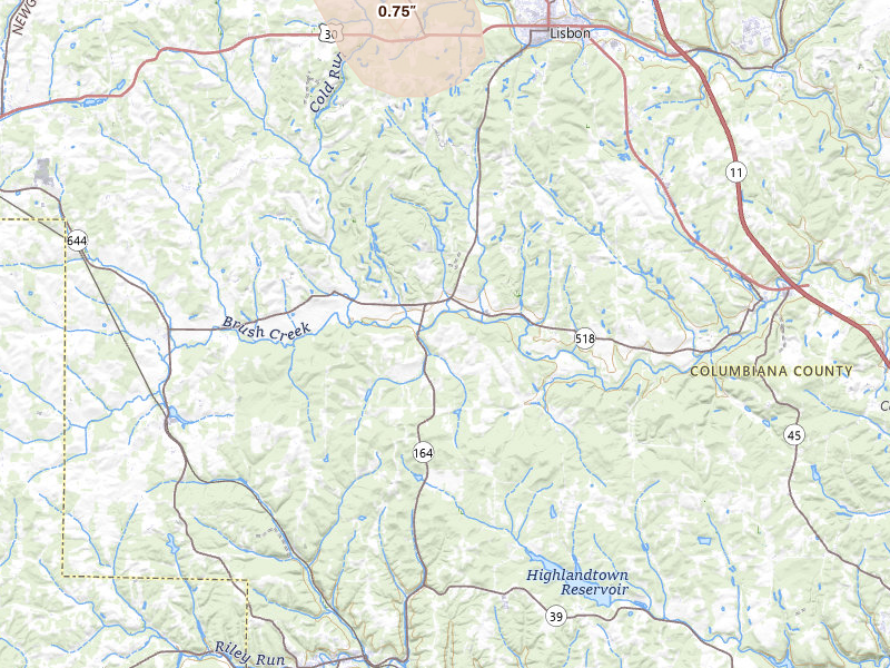 Radar-estimated hail-size map of the storm over Lisbon, OH on Jul 18, 2026