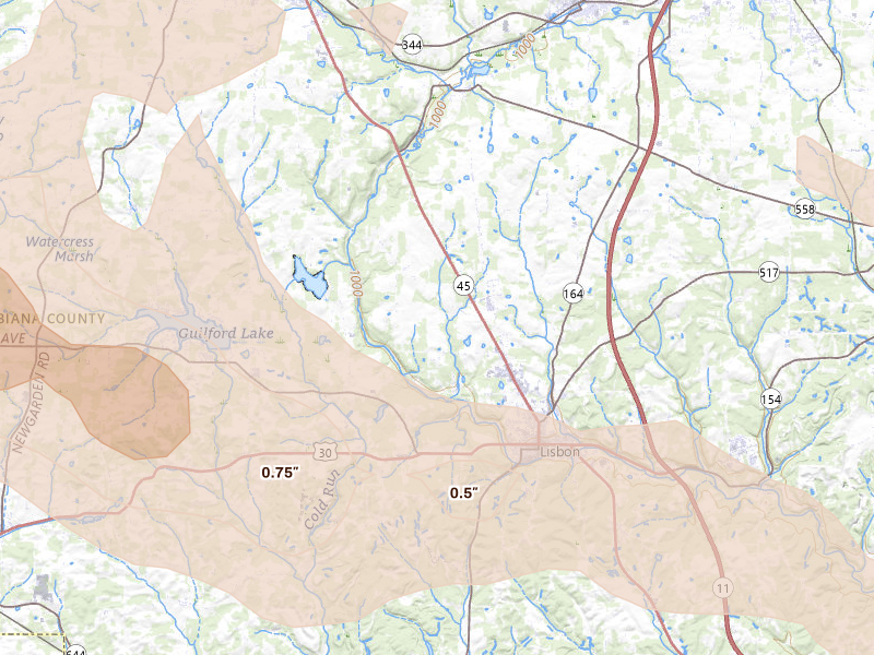 Radar-estimated hail-size map of the storm over Lisbon, OH on Sep 3, 2026