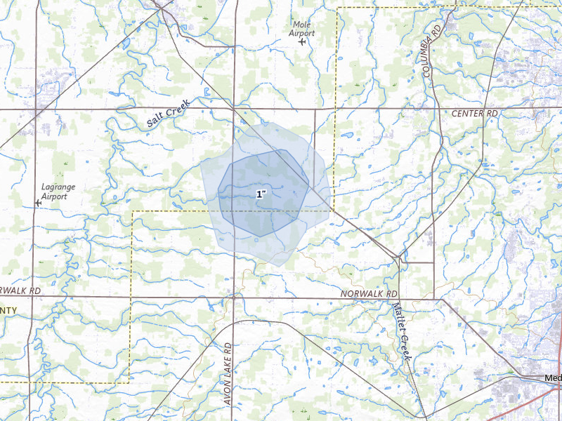 NEXRAD radar-signature map of the hail storm over Litchfield, OH on Jul 27, 2026