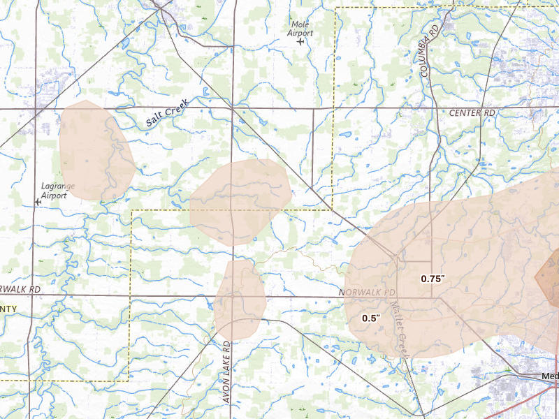 Radar-estimated hail-size map of the storm over Litchfield, OH on Aug 10, 2026