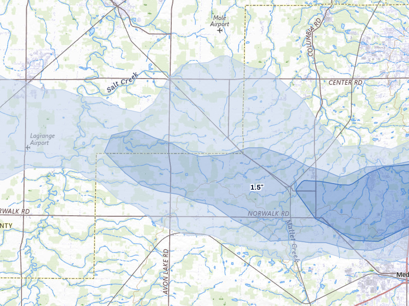 NEXRAD radar-signature map of the hail storm over Litchfield, OH on Aug 10, 2026