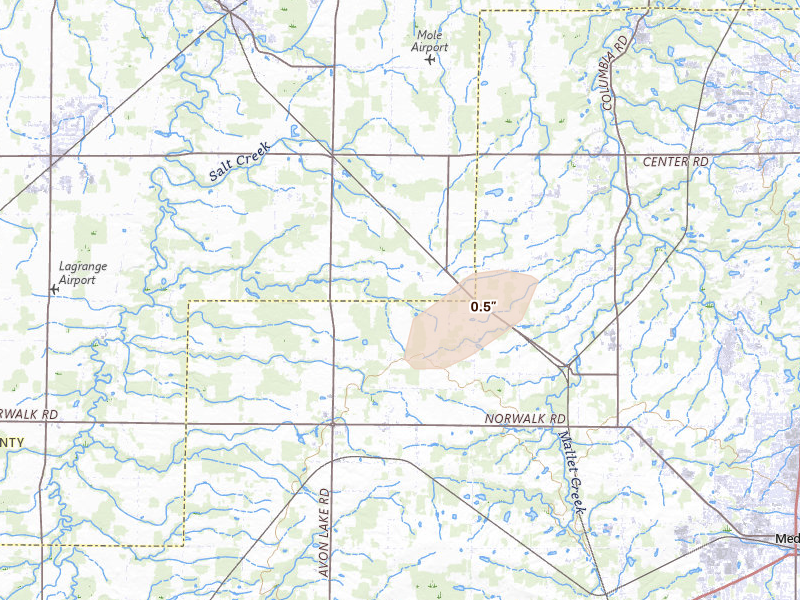 Radar-estimated hail-size map of the storm over Litchfield, OH on Aug 22, 2026