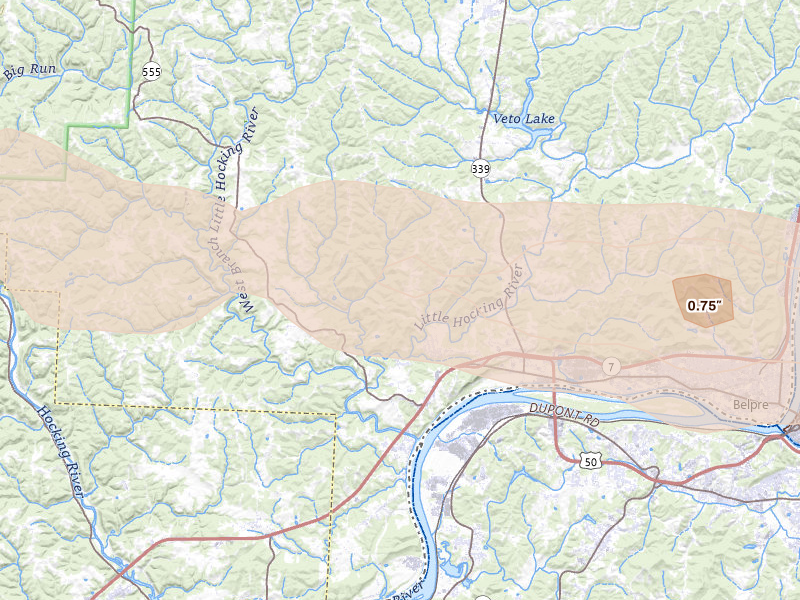 Radar-estimated hail-size map of the storm over Little Hocking, OH on Apr 1, 2026