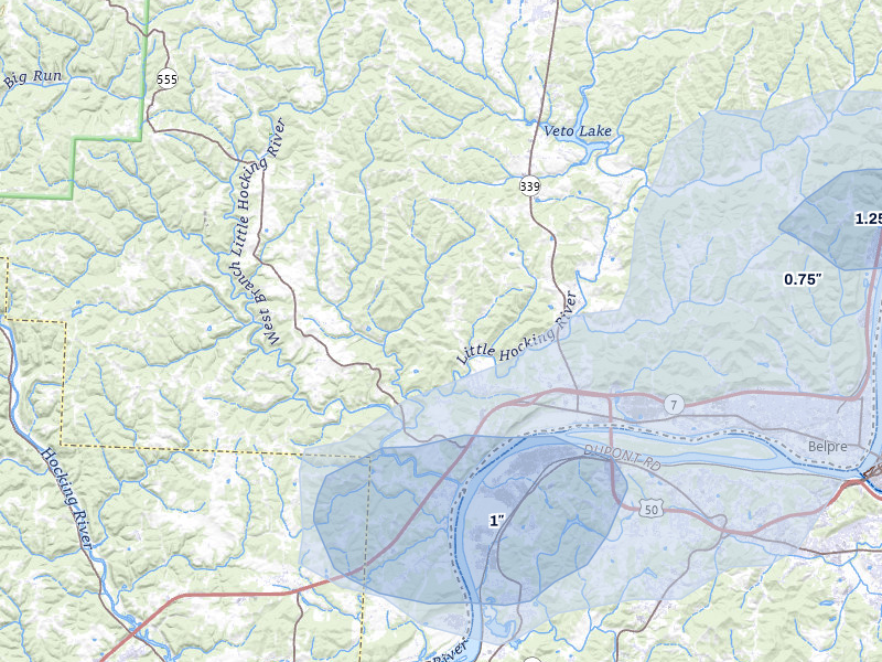 NEXRAD radar-signature map of the hail storm over Little Hocking, OH on Aug 8, 2026