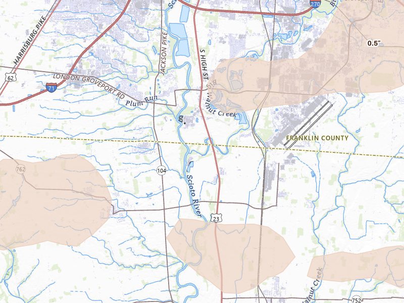 Radar-estimated hail-size map of the storm over Lockbourne, OH on Aug 11, 2026