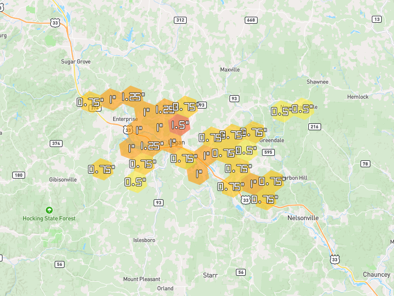 Hail map of Logan, OH on Jul 21, 2026, hail up to 1.5"