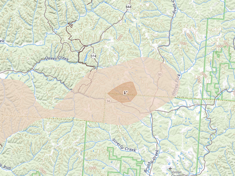 Radar-estimated hail-size map of the storm over Logan, OH on Aug 8, 2026