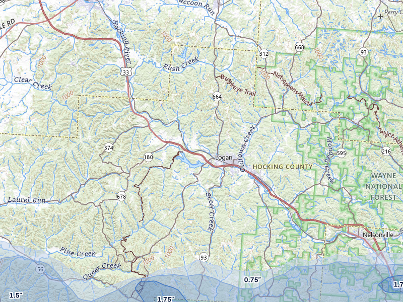NEXRAD radar-signature map of the hail storm over Logan, OH on Aug 8, 2026
