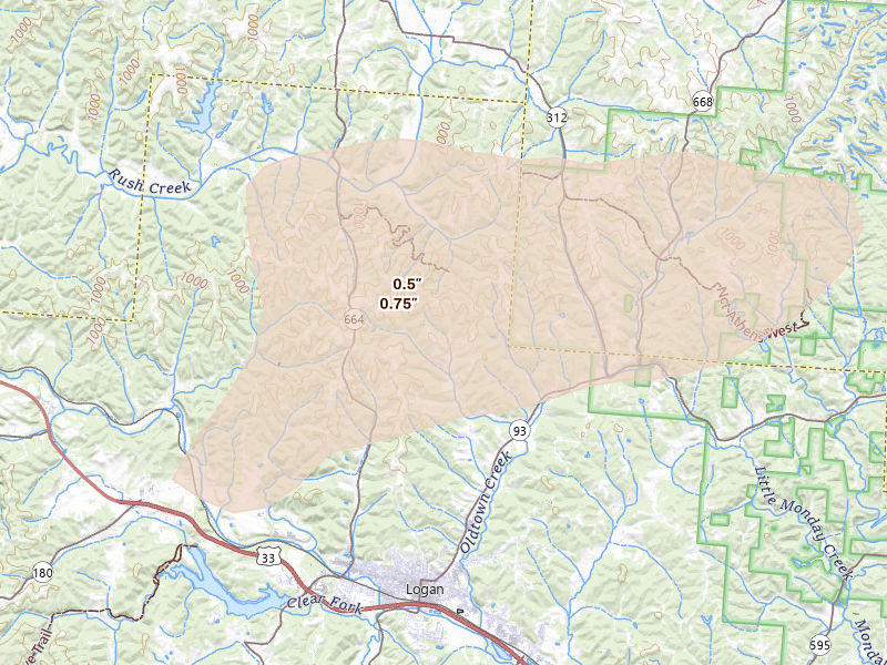 Radar-estimated hail-size map of the storm over Logan, OH on Aug 9, 2026