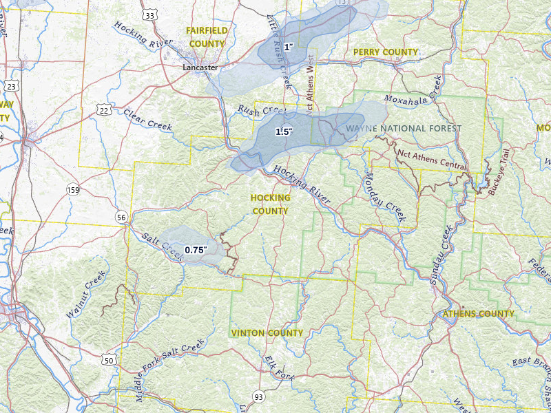 NEXRAD radar-signature map of the hail storm over Logan, OH on Aug 9, 2026