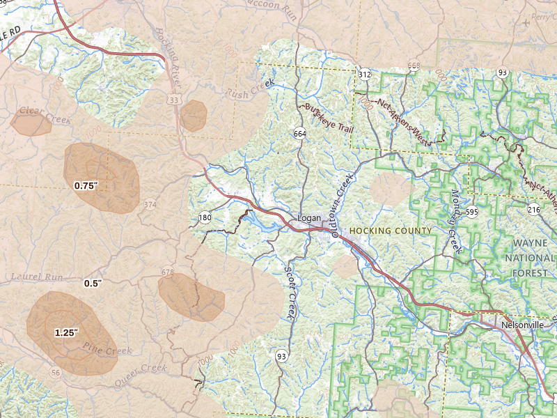 Radar-estimated hail-size map of the storm over Logan, OH on Aug 10, 2026