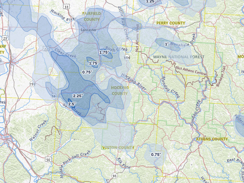 NEXRAD radar-signature map of the hail storm over Logan, OH on Aug 10, 2026