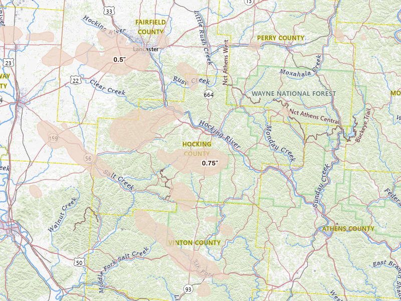 Radar-estimated hail-size map of the storm over Logan, OH on Aug 11, 2026