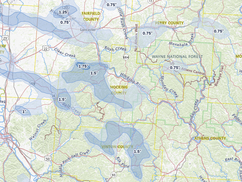 NEXRAD radar-signature map of the hail storm over Logan, OH on Aug 11, 2026