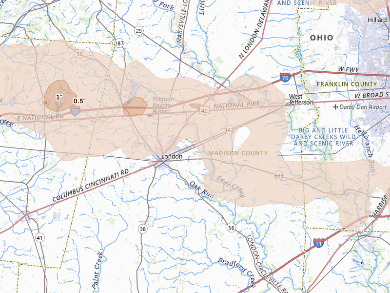 Radar-estimated hail-size map of the storm over London, OH on Mar 22, 2026