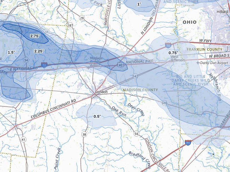 NEXRAD radar-signature map of the hail storm over London, OH on Mar 22, 2026