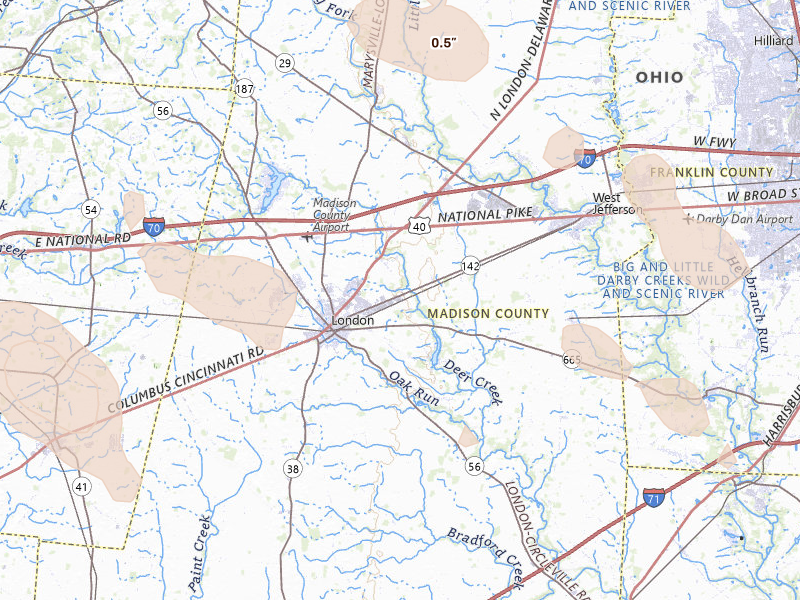 Radar-estimated hail-size map of the storm over London, OH on Jun 6, 2026