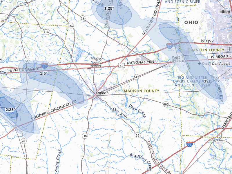 NEXRAD radar-signature map of the hail over London, OH