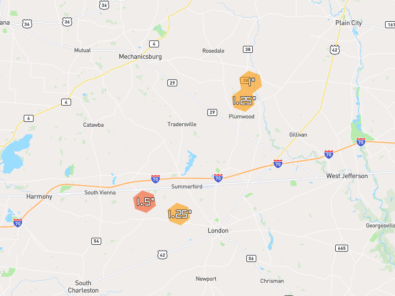 Hail map of London, OH on Jun 6, 2026, hail up to 1.5"