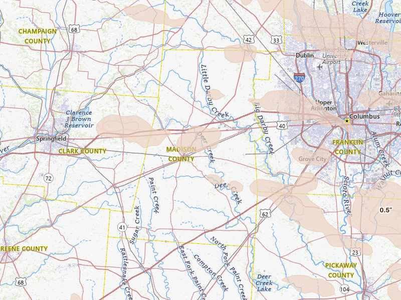 Radar-estimated hail-size map of the storm over London, OH on Aug 10, 2026