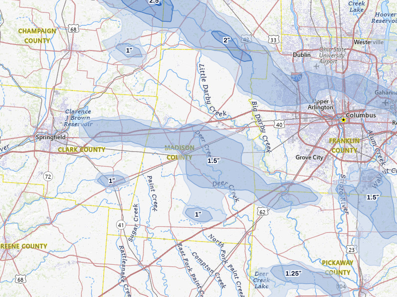 NEXRAD radar-signature map of the hail storm over London, OH on Aug 10, 2026