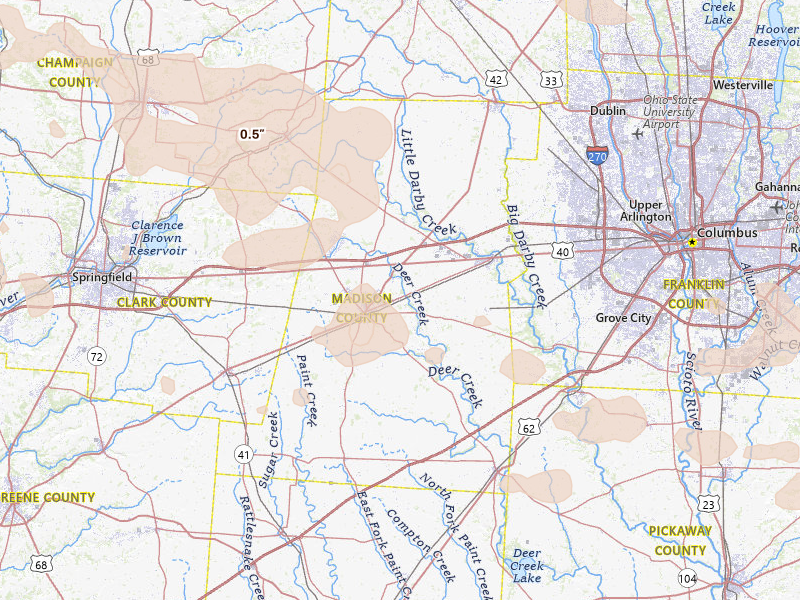 Radar-estimated hail-size map of the storm over London, OH on Aug 11, 2026
