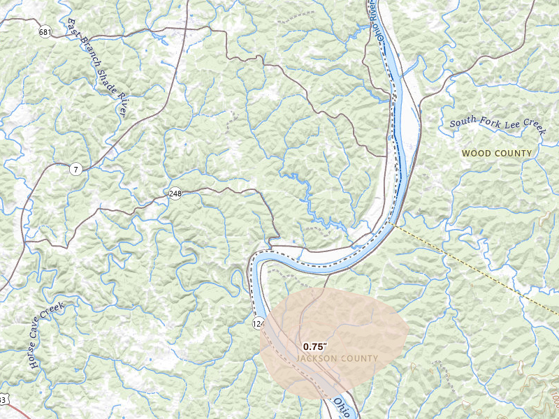 Radar-estimated hail-size map of the storm over Long Bottom, OH on Jul 5, 2026