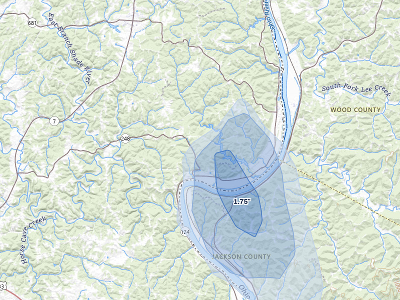 NEXRAD radar-signature map of the hail storm over Long Bottom, OH on Jul 5, 2026