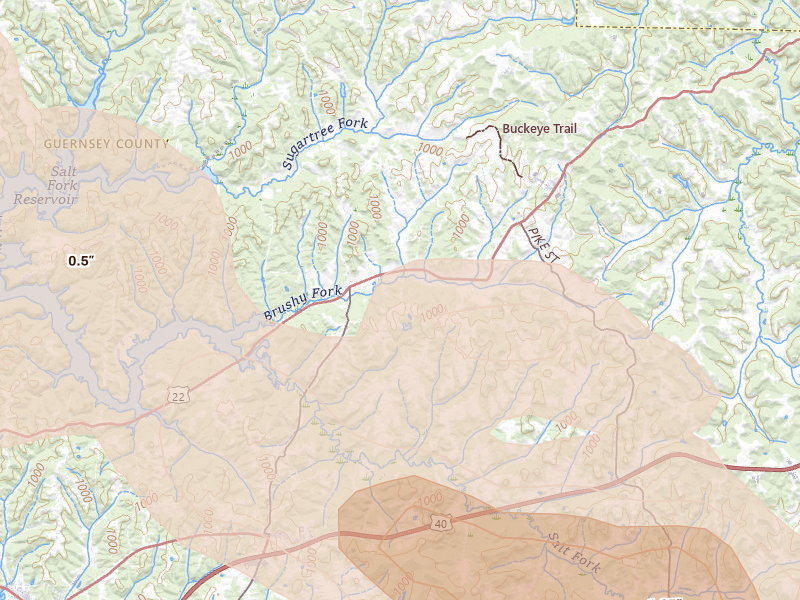 Radar-estimated hail-size map of the storm over Lore City, OH on Jun 6, 2026
