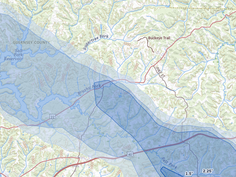 NEXRAD radar-signature map of the hail over Lore City, OH