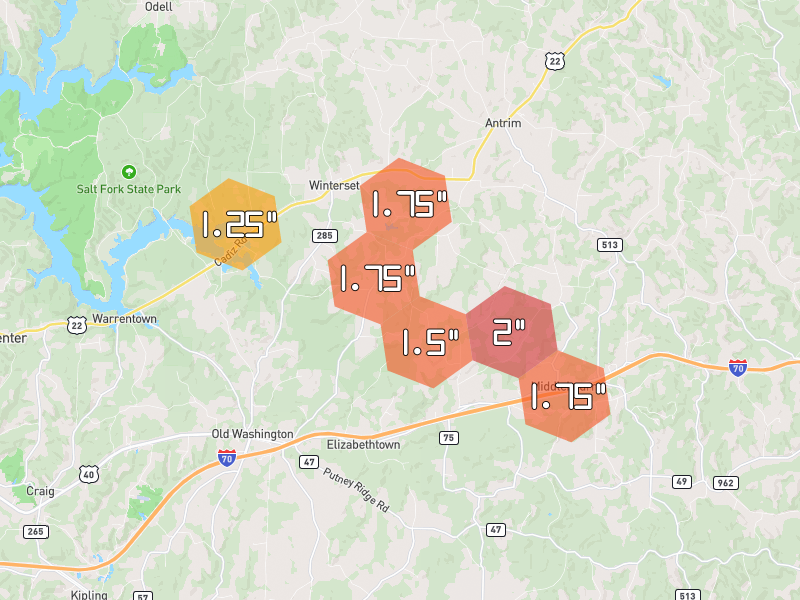 Hail map of Lore City, OH on Jun 6, 2026, hail up to 2"