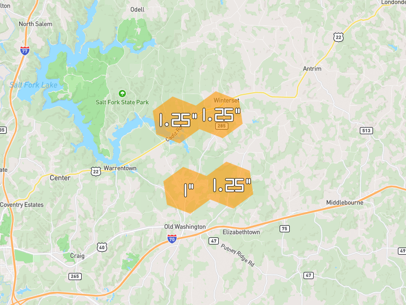 Hail map of Lore City, OH on Jun 7, 2026, hail up to 1.25"