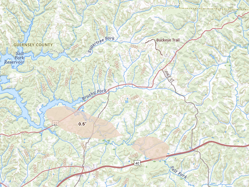 Radar-estimated hail-size map of the storm over Lore City, OH on Aug 10, 2026