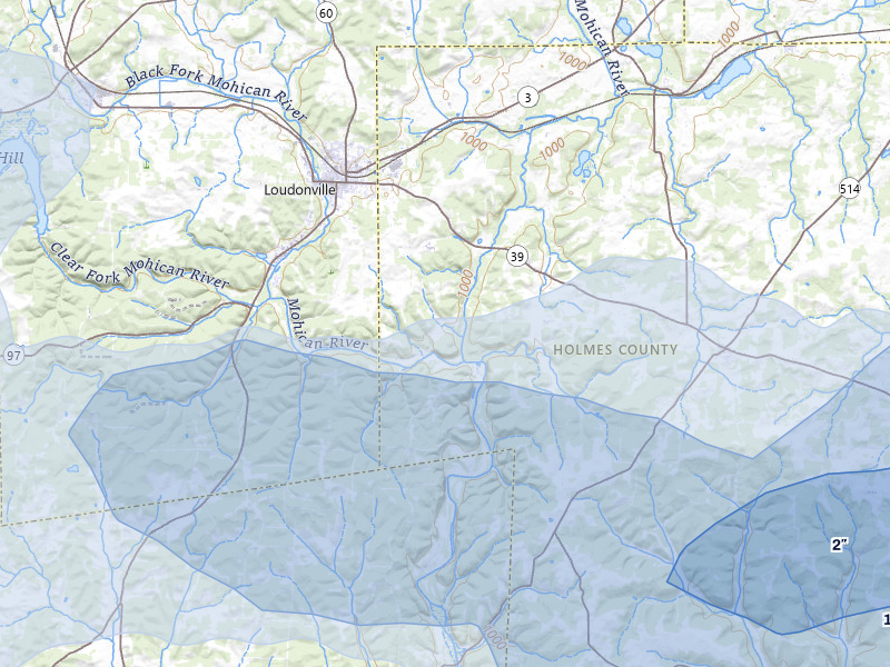 NEXRAD radar-signature map of the hail storm over Loudonville, OH on Mar 22, 2026