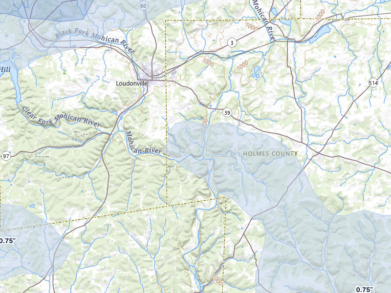 NEXRAD radar-signature map of the hail storm over Loudonville, OH on Apr 3, 2026