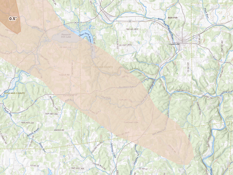 Radar-estimated hail-size map of the storm over Loudonville, OH on Sep 16, 2026