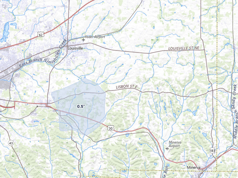 NEXRAD radar-signature map of the hail storm over Louisville, OH on Mar 22, 2026