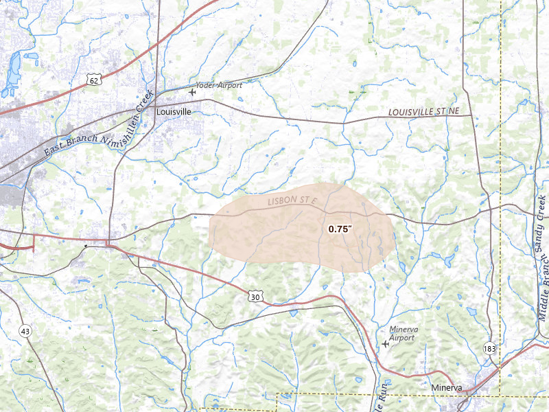 Radar-estimated hail-size map of the storm over Louisville, OH on Jun 25, 2026