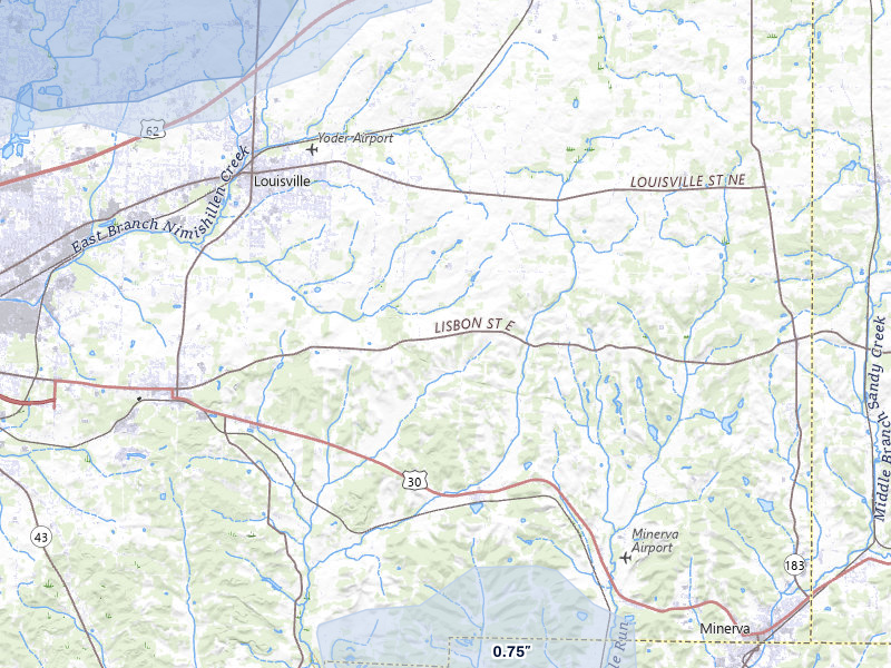 NEXRAD radar-signature map of the hail storm over Louisville, OH on Jul 3, 2026