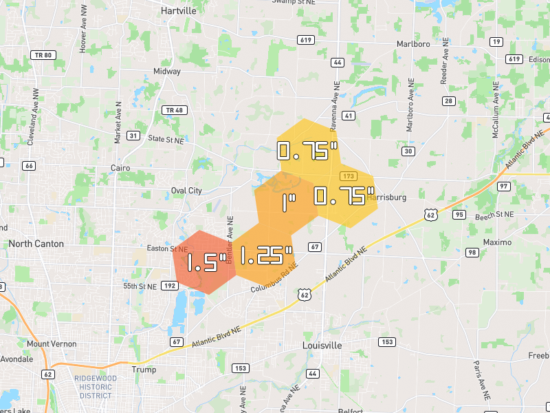 Hail map of Louisville, OH on Jul 4, 2026, hail up to 1.5"