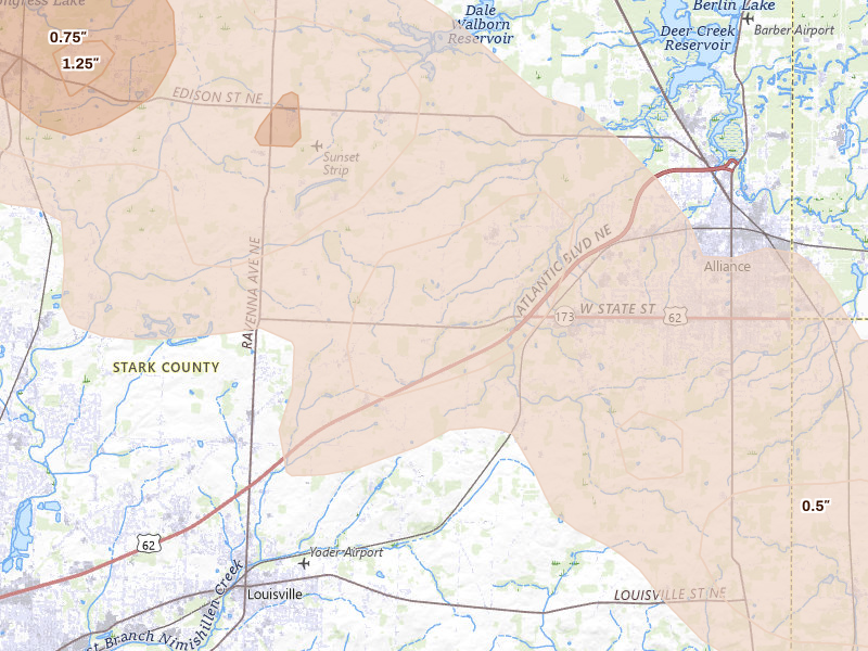 Radar-estimated hail-size map of the storm over Louisville, OH on Aug 10, 2026