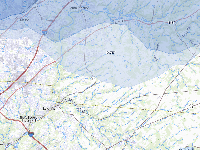 NEXRAD radar-signature map of the hail over Loveland, OH